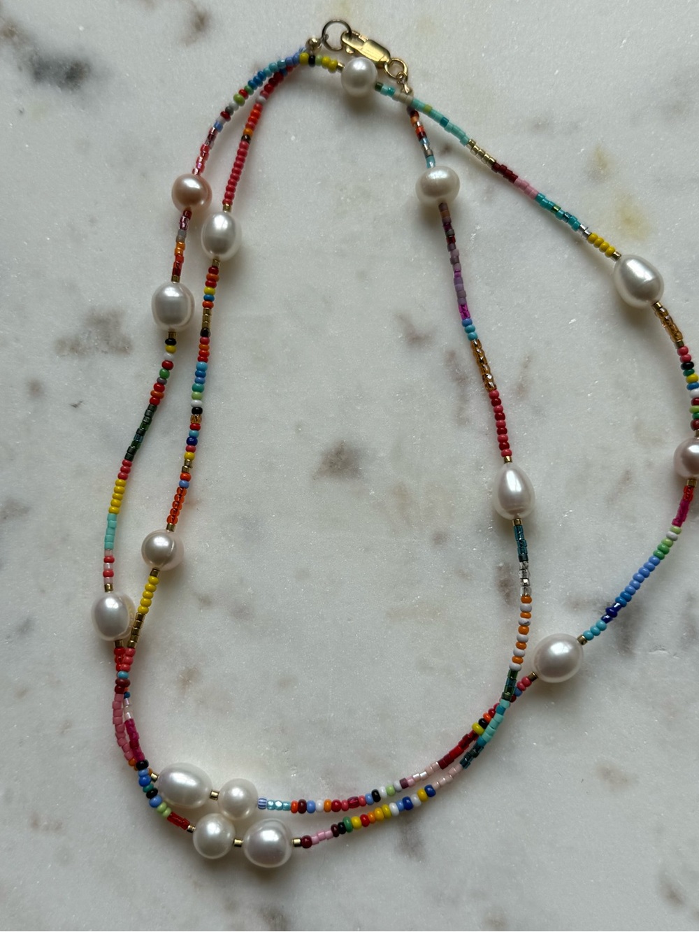Long colorful seed bead and freshwater pearl necklace